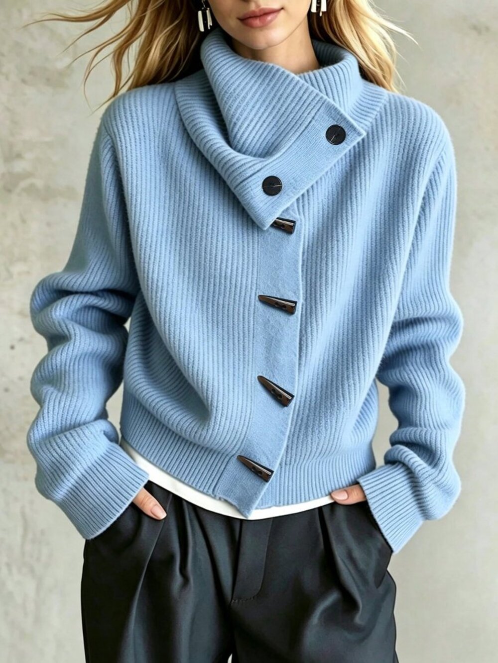 Blue Casual Women's Stand Collar Long Sleeve Sweater